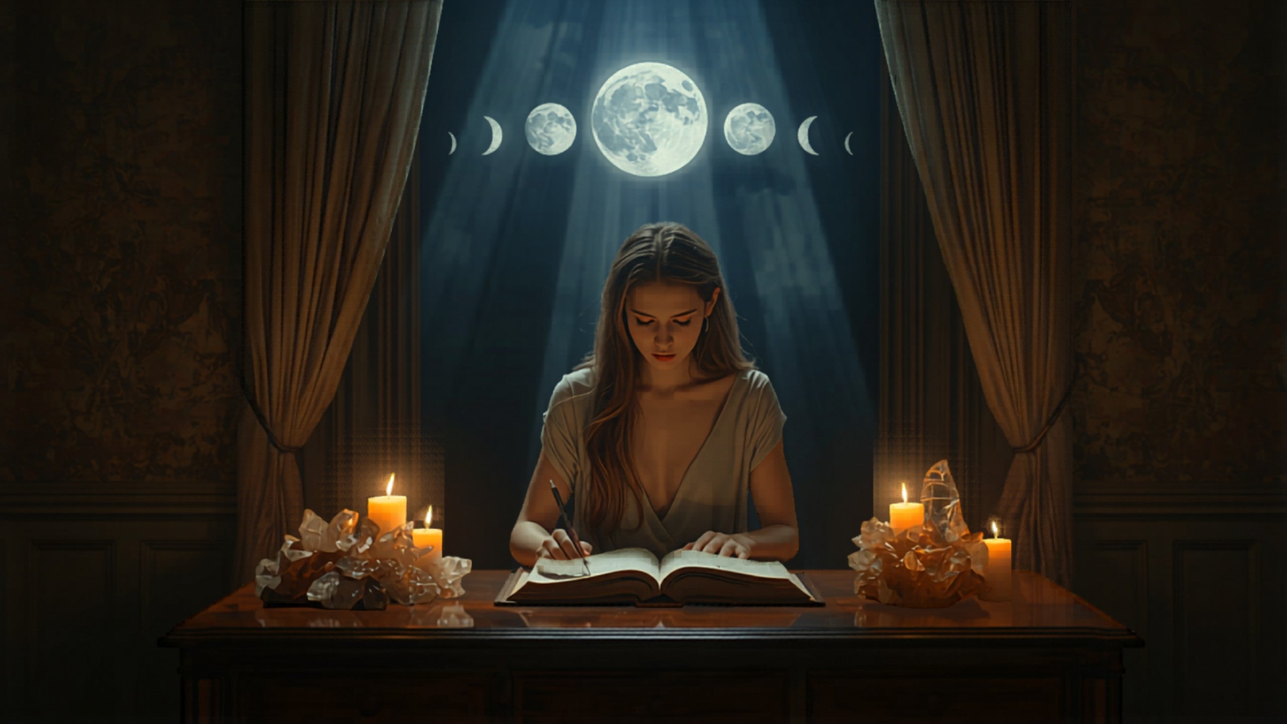 Auralyns hero banner - celestial woman journaling by candlelight