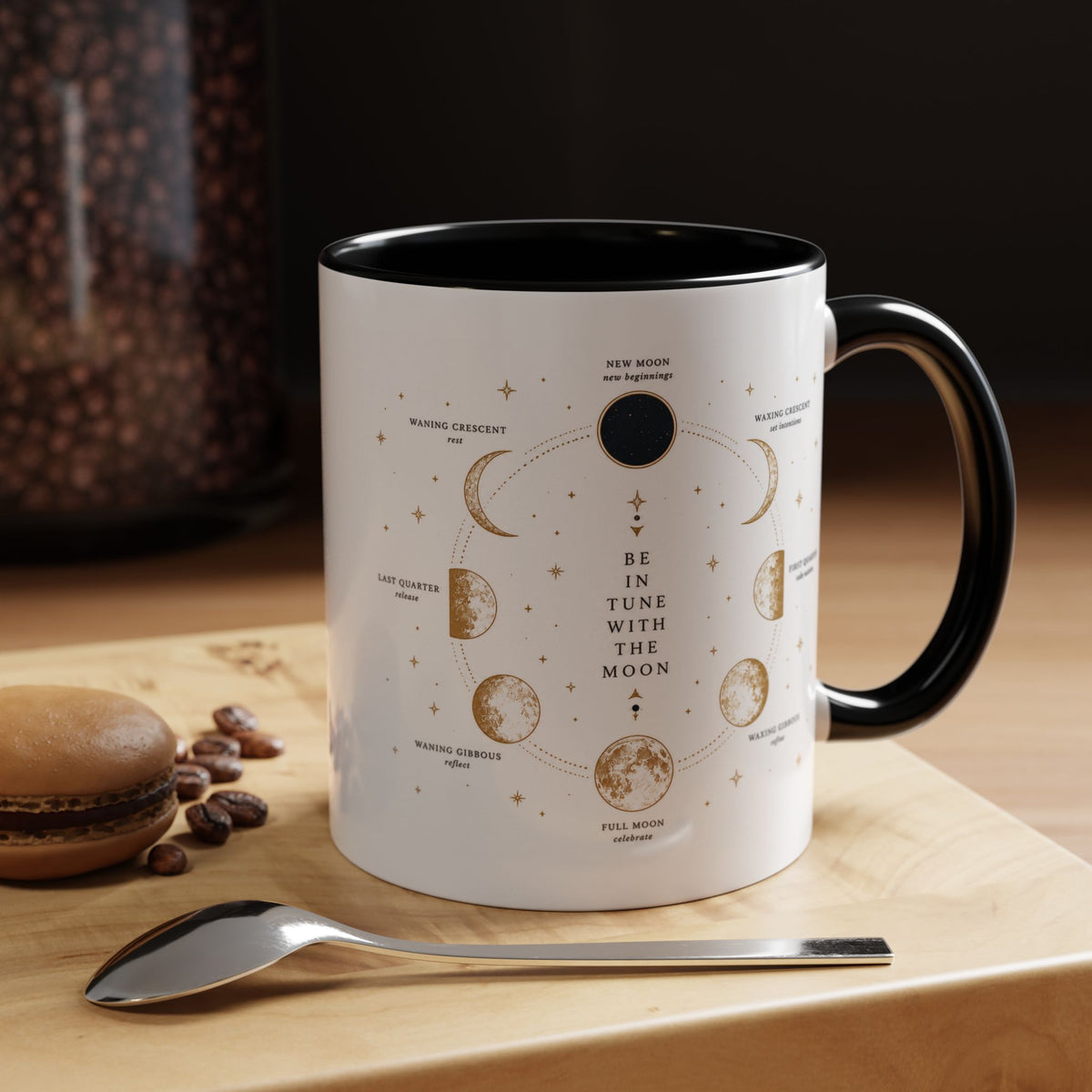 Moon phase accent mug printed with the Be in Tune with the Moon lunar cycle design (image 8 of 18)