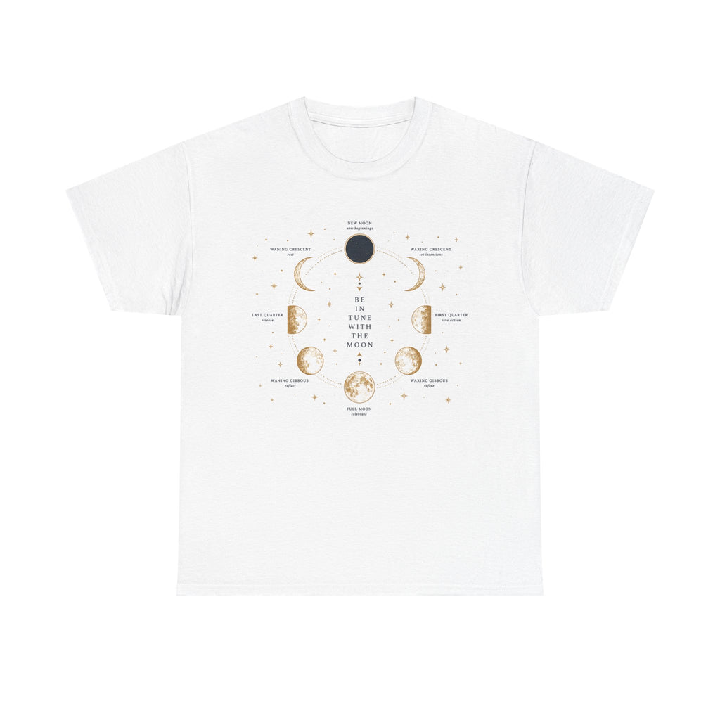 Be in Tune with the Moon t-shirt showing a labelled lunar phases diagram