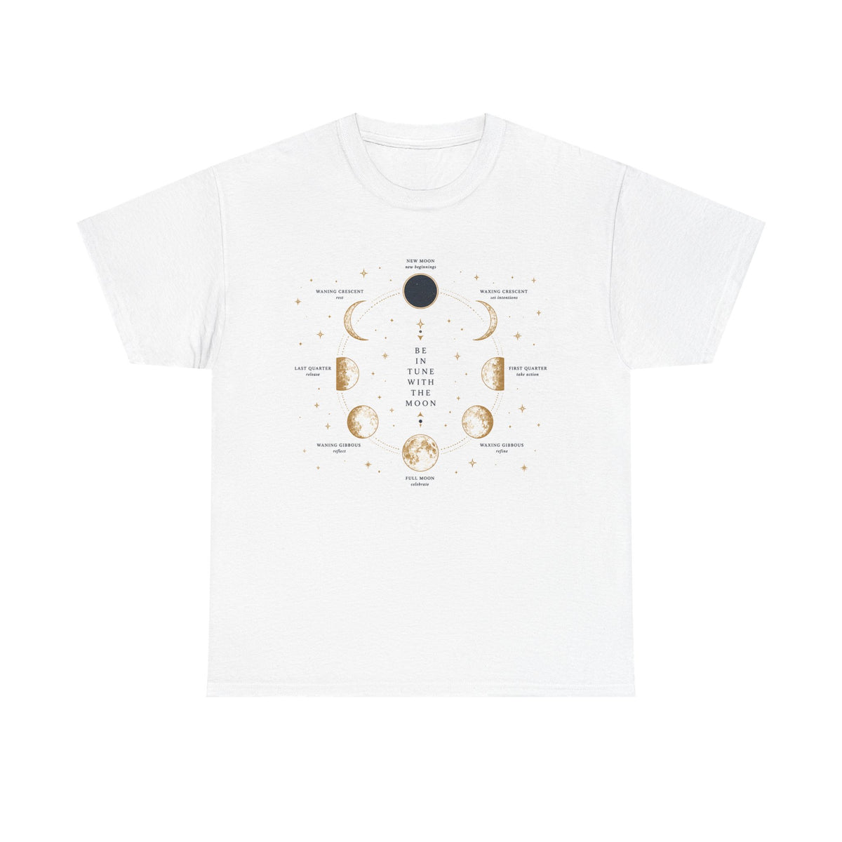 Be in Tune with the Moon t-shirt showing a labelled lunar phases diagram