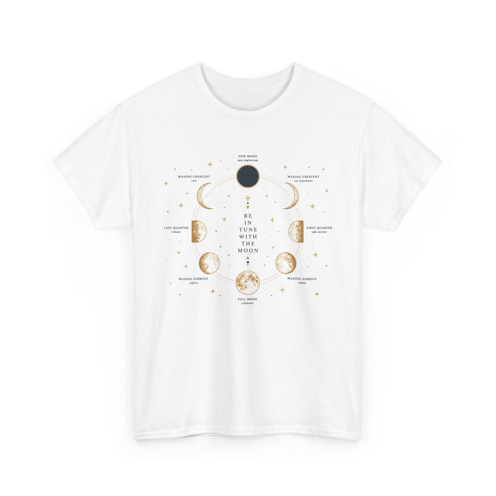 Be in Tune with the Moon t-shirt showing a labelled lunar phases diagram (image 3 of 4)