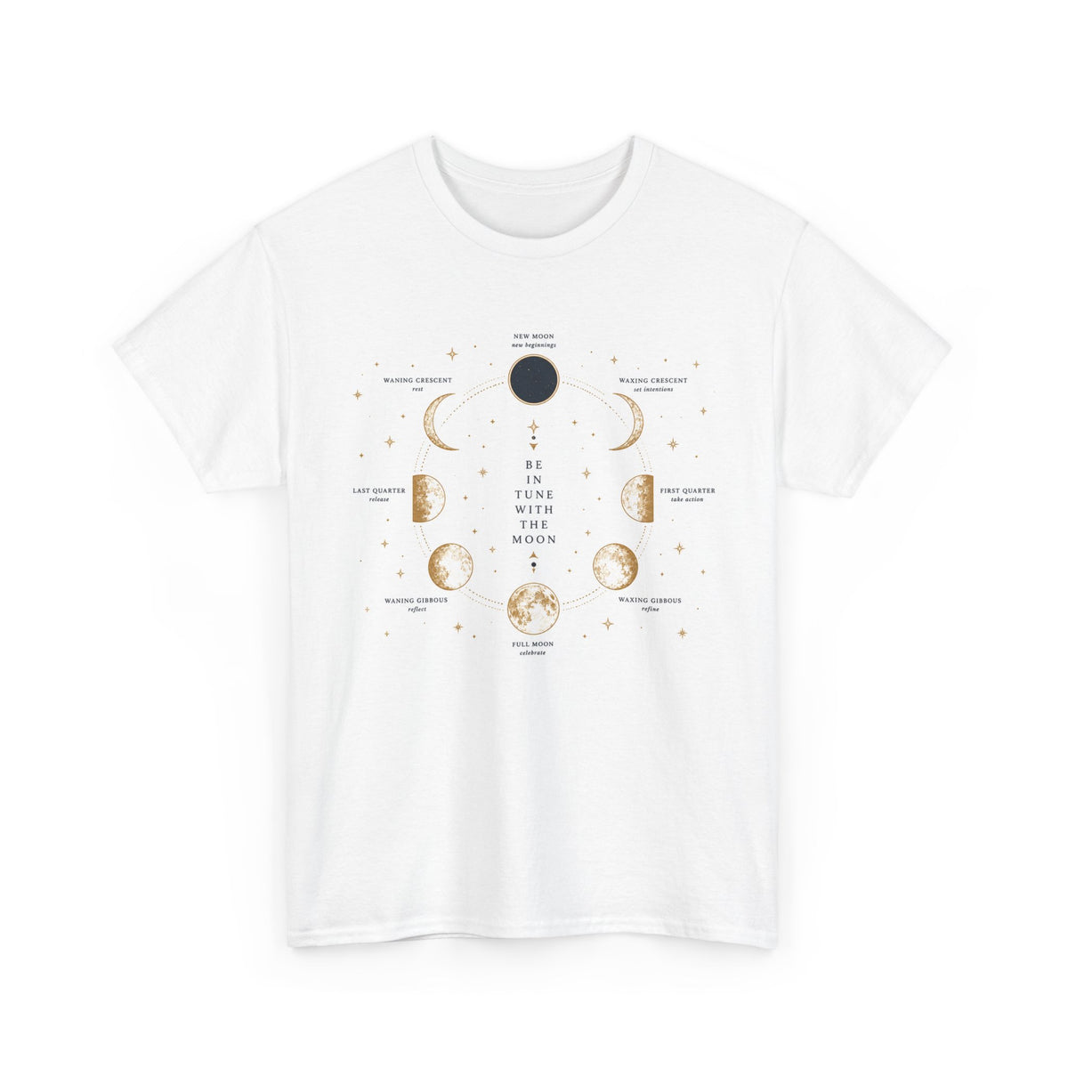 Be in Tune with the Moon t-shirt showing a labelled lunar phases diagram (image 3 of 4)