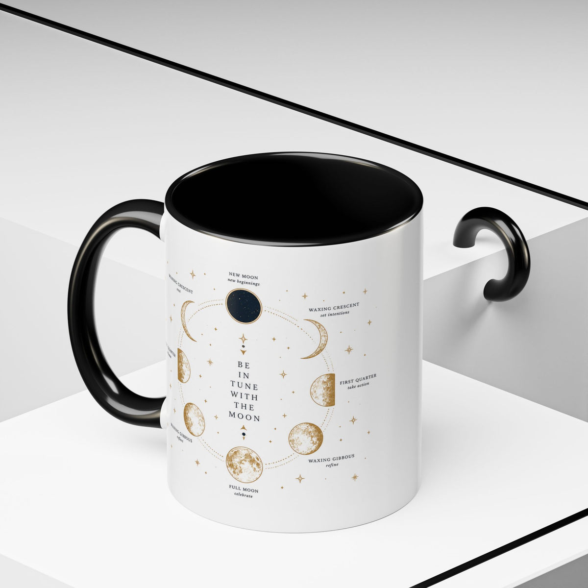 Moon phase accent mug printed with the Be in Tune with the Moon lunar cycle design (image 7 of 18)