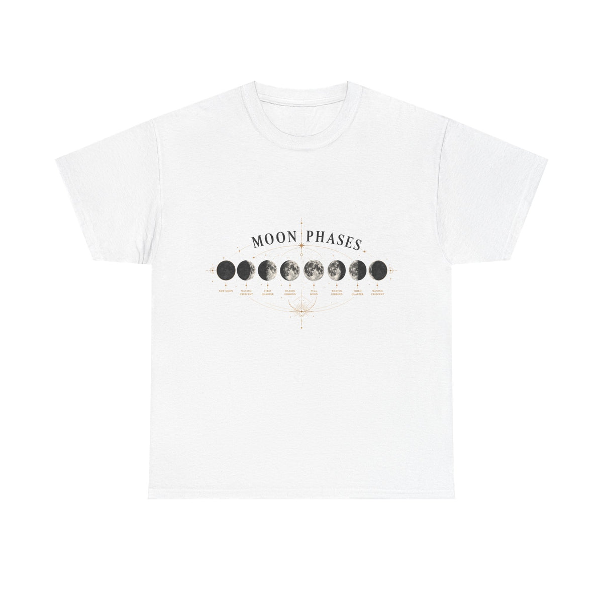 Moon phases t-shirt with the full lunar cycle printed across the chest