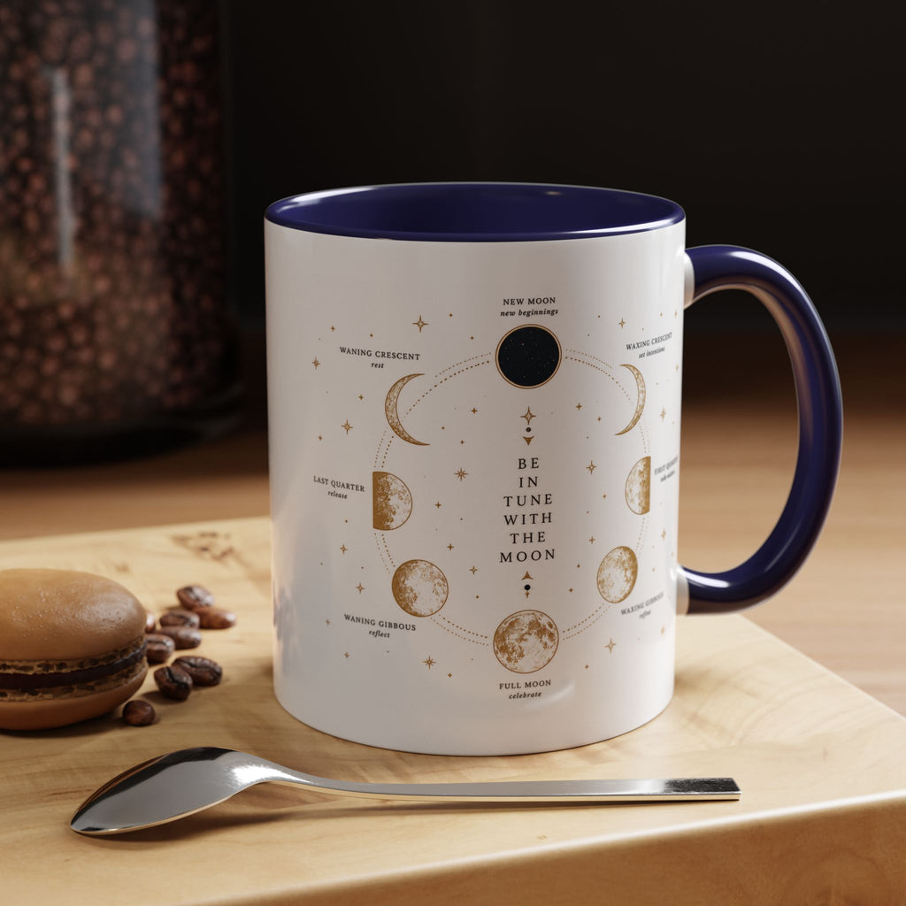 Moon phase accent mug printed with the Be in Tune with the Moon lunar cycle design (image 12 of 18)