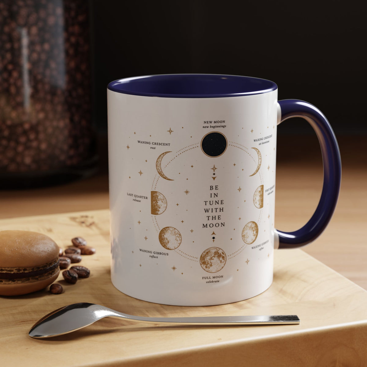 Moon phase accent mug printed with the Be in Tune with the Moon lunar cycle design (image 12 of 18)