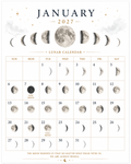 2027 lunar calendar printable moon phase wall chart showing every moon phase of the year in dark celestial style with gold accents