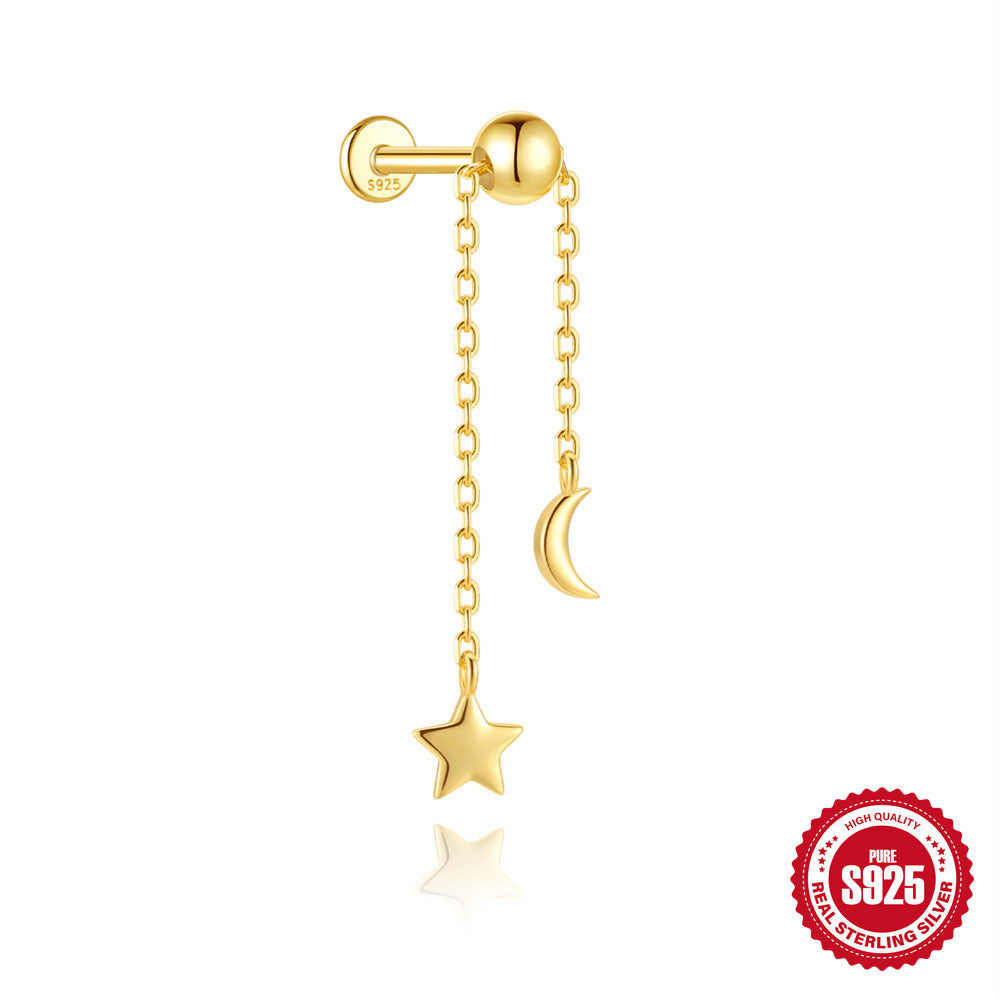 Sterling silver tassel chain stud earrings with gold-tone geometric stud and fine chain drop